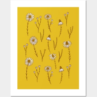 Delicate daisy flowers botanical pattern in mustard yellow Posters and Art